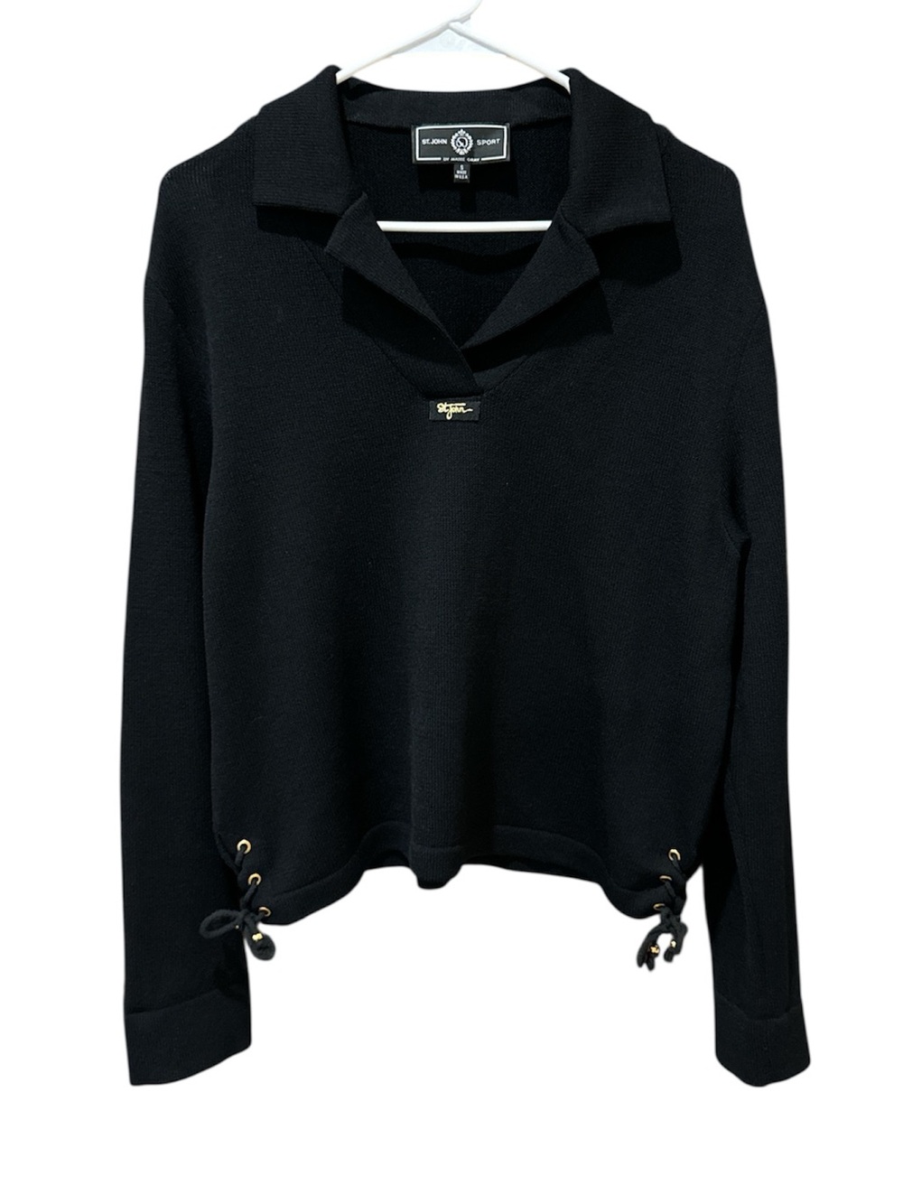 St. John Black Knit Polo Sweater Lace Up Detail Luxury Top Size: S